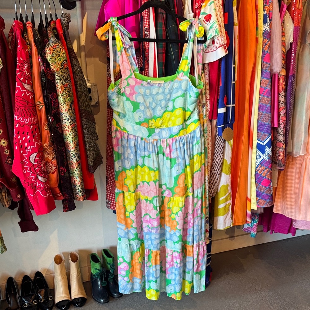 Emily McCarthy Colorful Tiered Tie-Shoulder Summer Dress - Pastel Cloud Print